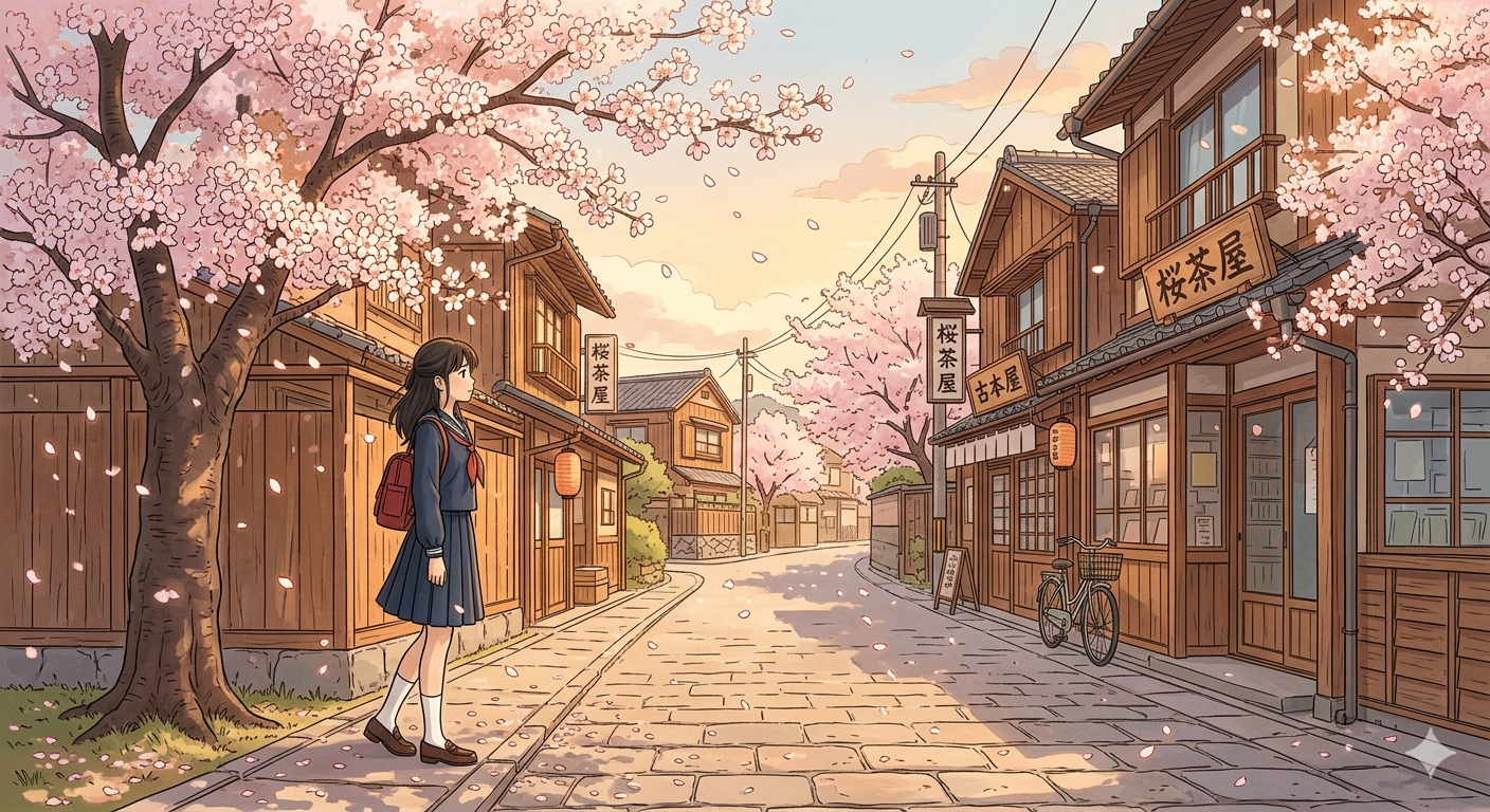Cherry Blossom Anime Street Scene