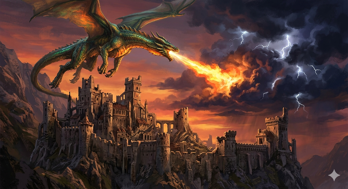 Ancient Dragon Over Mountain Fortress